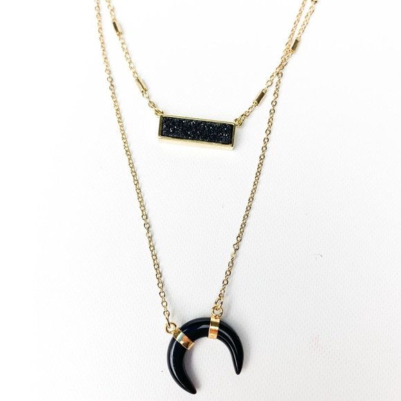 Gold and black pendant druzy necklace double chain - Picture 2 of 4